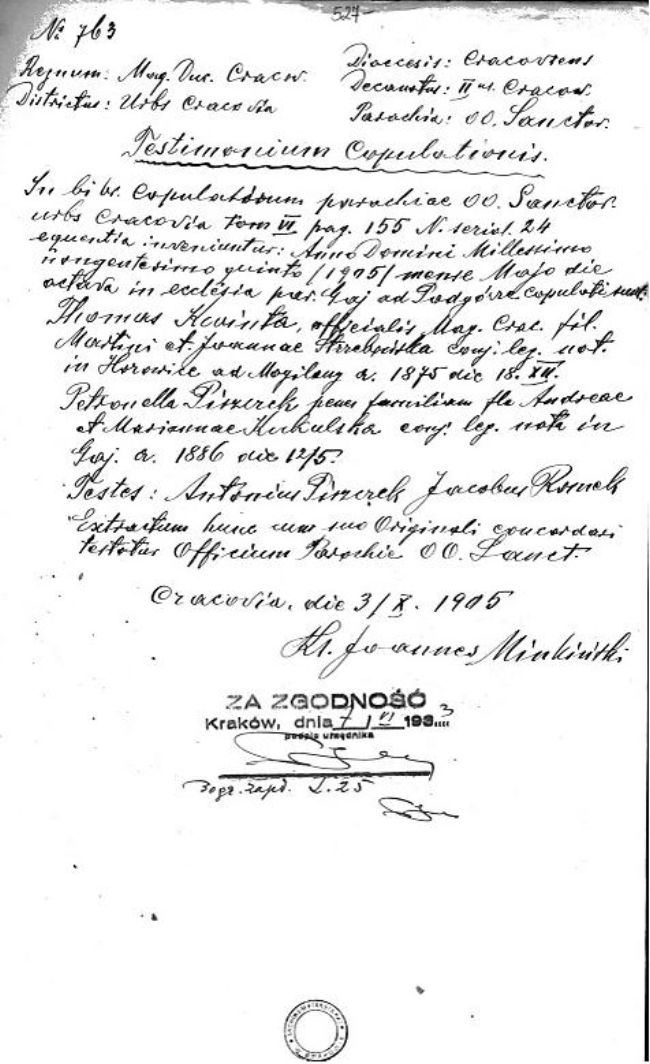 Plik:Metryka ślubu Kraków 1905r.JPG
