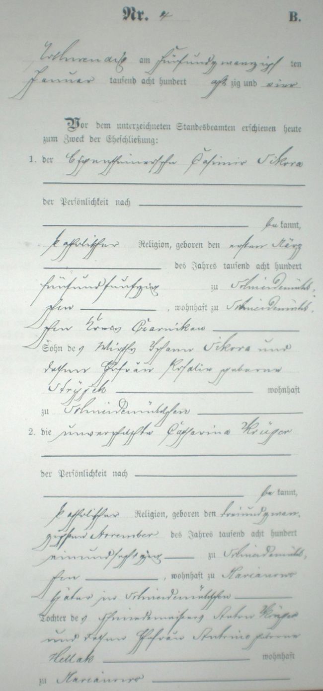 Plik:Metryka ślubu Schneidemühlchen 1-1884 r.JPG